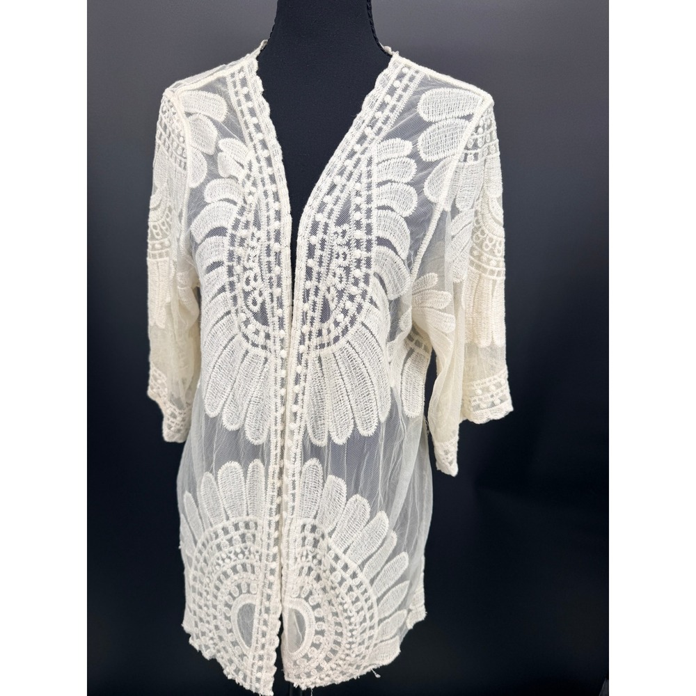 Rebellion Again Kimono Women Large Cream Good Lace Floral Embroidered Boho Sheer